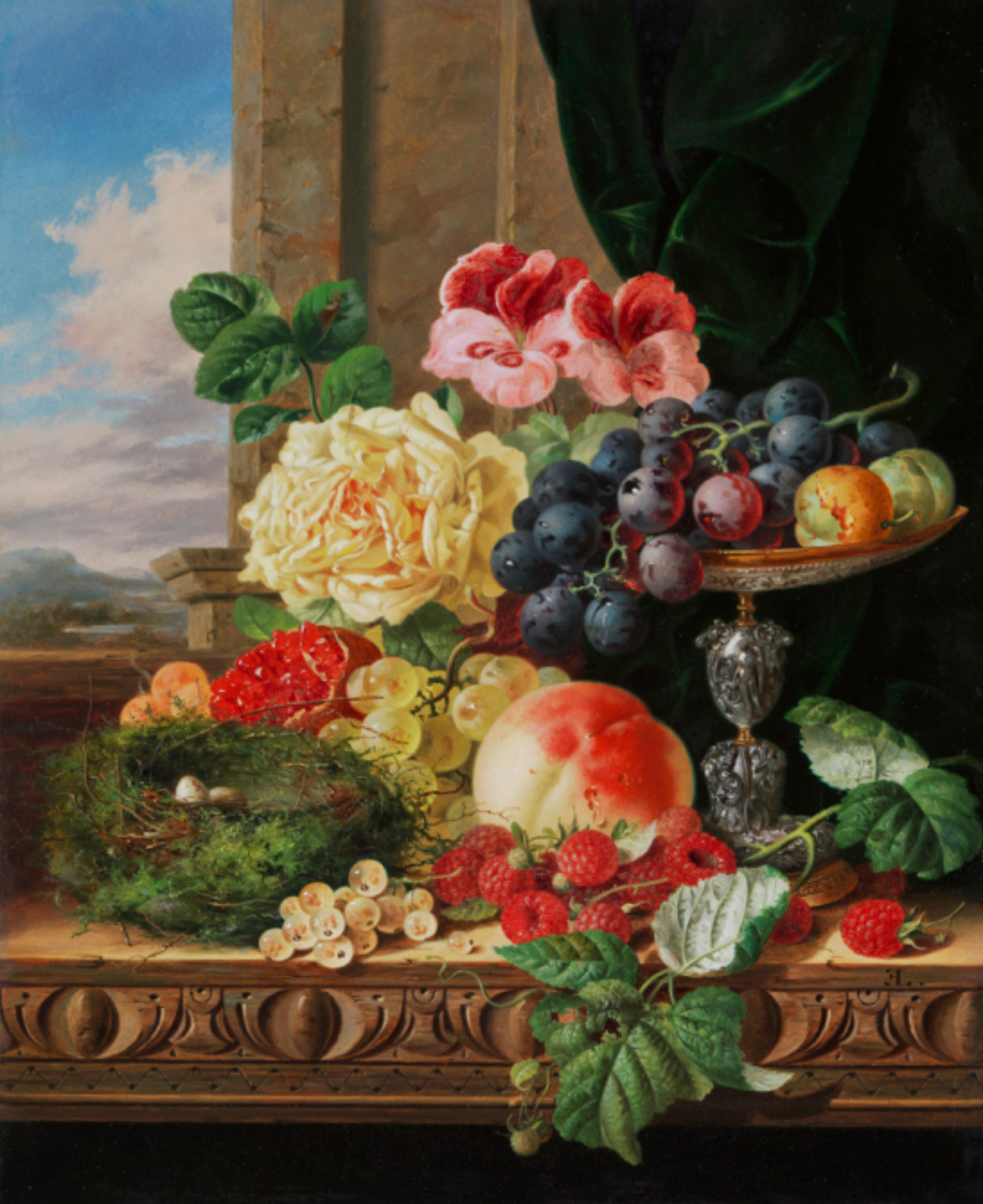 Still life of flowers, fruit and a bird’s nest 